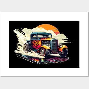 Retro Truck Smoking Hot Rod Pickup Vintage Rat Rod Sunset Posters and Art